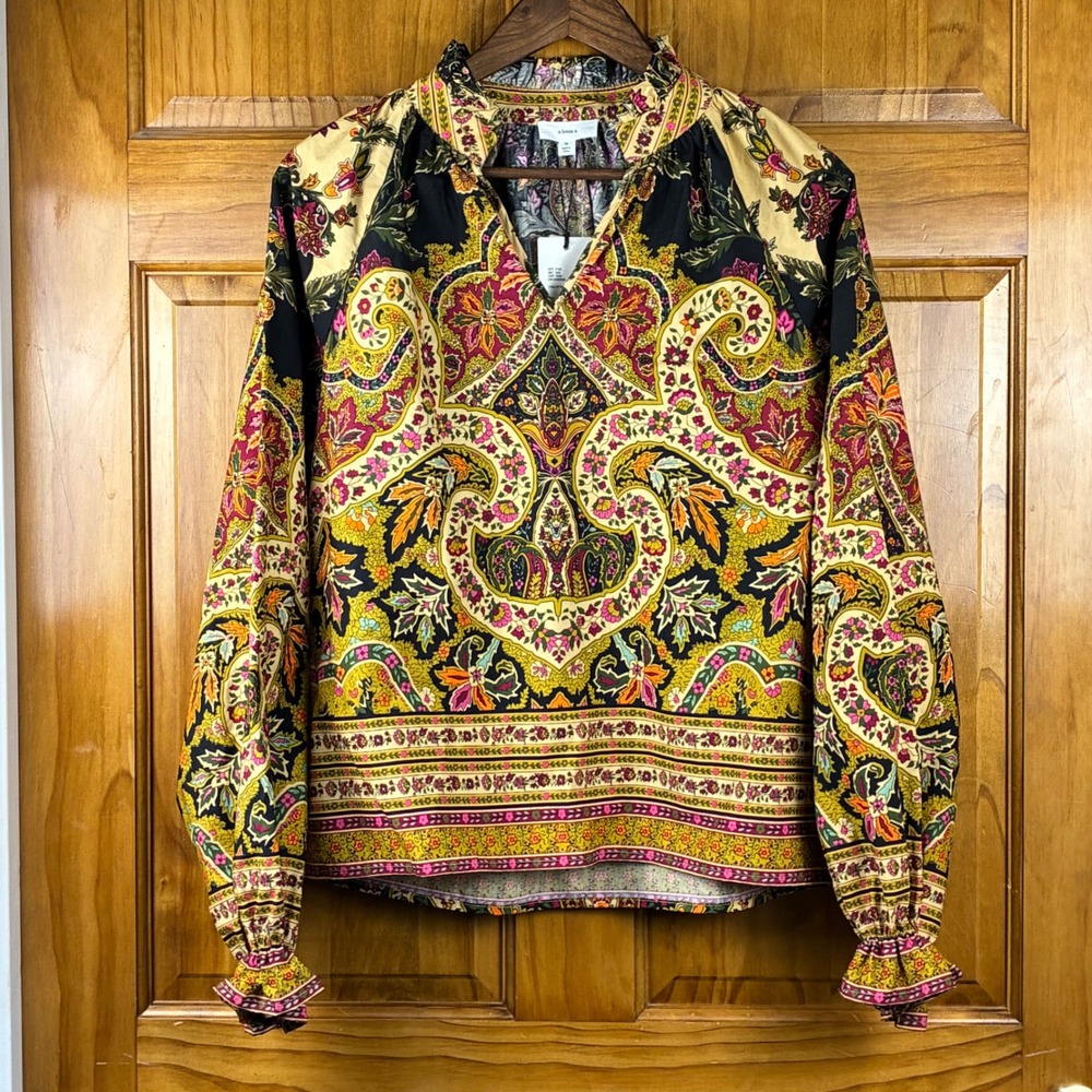 A Loves A Pink Petal Paisley Print Cotton Ruffle Neck Blouse NWT M Boho Chic